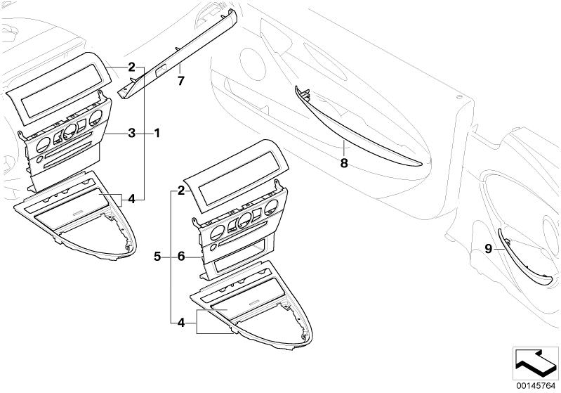 Bildtafel Individualholz Pianolack schwarz für die BMW 6er Modelle  Original BMW Ersatzteile aus dem elektronischen Teilekatalog (ETK) für BMW Kraftfahrzeuge( Auto)    Dekorblende Frischluftgrill Mitte, Dekorblende Instrumententafel Mitte, Dekorblende Mit