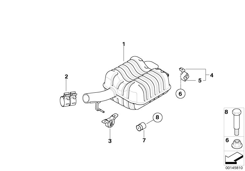 Picture board Rear silencer for the BMW 7 Series models  Original BMW spare parts from the electronic parts catalog (ETK) for BMW motor vehicles (car)   CLAMPING BUSH, Collar nut, Collar screw, Rear silencer, Rubber mount with bracket, Rubber mounting, Vi