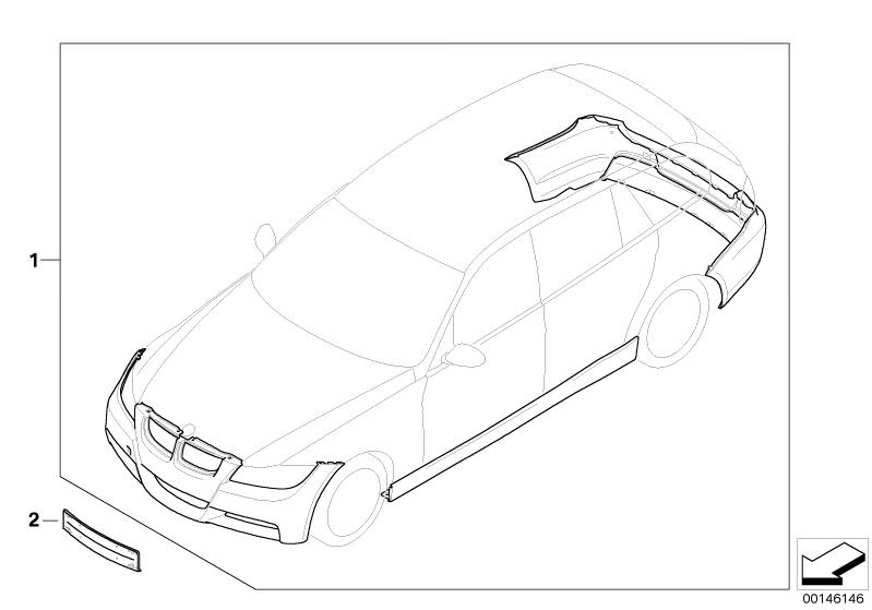 Illustration du Kit aérodynamique M pour les BMW 3 Série Modèles  Pièces de rechange d'origine BMW du catalogue de pièces électroniques (ETK) pour véhicules automobiles BMW (voiture) 
