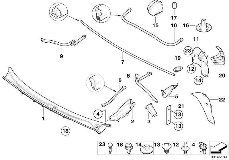 Picture board Various mounting parts for the BMW 3 Series models  Original BMW spare parts from the electronic parts catalog (ETK) for BMW motor vehicles (car)   Cap, Clip, Cover, Cover, wheel arch cover, rear left, cover, windscreen panel, Covering left,