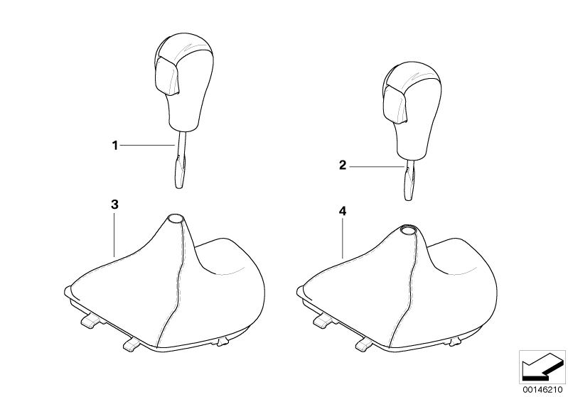 Picture board Selector lever handles / covers for the BMW 1 Series models  Original BMW spare parts from the electronic parts catalog (ETK) for BMW motor vehicles (car)   Selector lever boot, imitation leather, Selector lever handle,leath.,chrome ring, Se