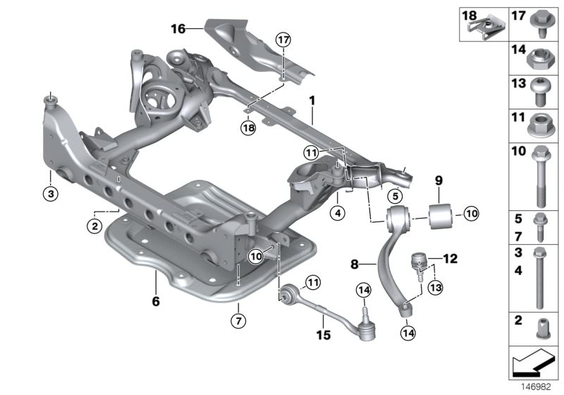Picture board Front axle support, 4-wheel for the BMW 3 Series models  Original BMW spare parts from the electronic parts catalog (ETK) for BMW motor vehicles (car)   Blind rivet nut, flat headed, C-clip nut, self-locking, Flanged cap screw, Front axle su