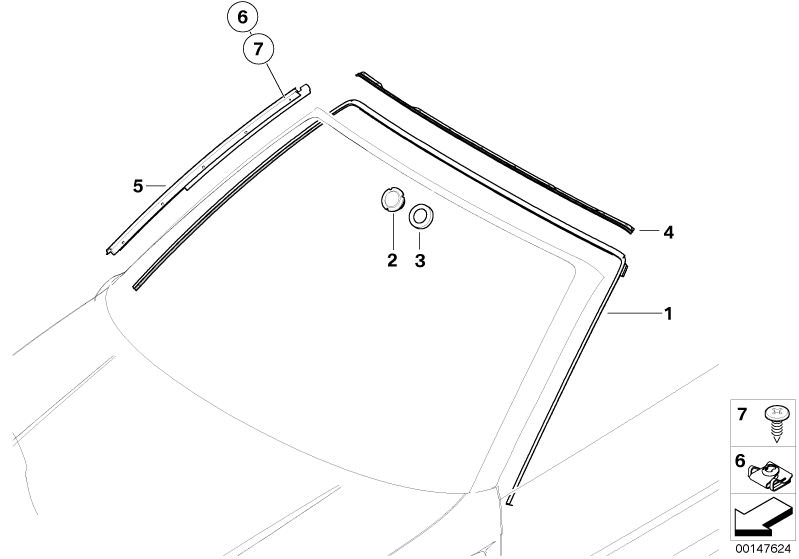 Picture board Glazing, mounting parts for the BMW 3 Series models  Original BMW spare parts from the electronic parts catalog (ETK) for BMW motor vehicles (car)   Base plate, rear view mirror, interior, Cover, base plate f interior mirror, Cover, column A