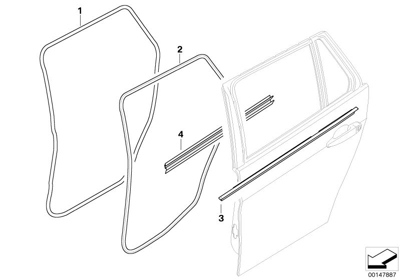 Bildtafel Türdichtung hinten für die BMW 3er Modelle  Original BMW Ersatzteile aus dem elektronischen Teilekatalog (ETK) für BMW Kraftfahrzeuge( Auto)    Kantenschutz Tür hinten, Schachtabdeckung Tür aussen hinten re., Schachtabdichtung innen Tür hinten r