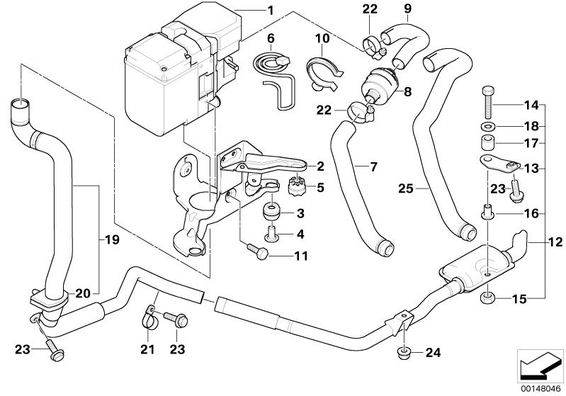 Illustration du Chauffage auxiliaire pour les BMW X Série Modèles  Pièces de rechange d'origine BMW du catalogue de pièces électroniques (ETK) pour véhicules automobiles BMW (voiture)   Adapter lead, Air intake hose, Air tube, Auxiliary heating, Bracket e