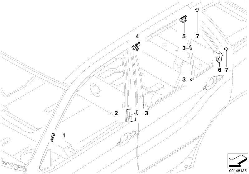 Picture board Trims and seals, door, front for the BMW X Series models  Original BMW spare parts from the electronic parts catalog (ETK) for BMW motor vehicles (car)   Seal, mirror triangle, top left, Sealing tape, Sealing, B-column, bottom left, Sealing,