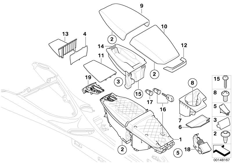 Illustration du Console centrale/support/revêtements pour les BMW 6 Série Modèles  Pièces de rechange d'origine BMW du catalogue de pièces électroniques (ETK) pour véhicules automobiles BMW (voiture)   Actuator, Base of cubby, centre console, Blind plate,