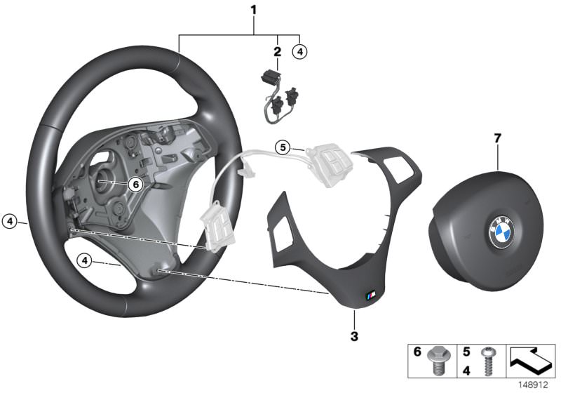 Illustration du Volant sport M airbag multifonctions pour les BMW 3 Série Modèles  Pièces de rechange d'origine BMW du catalogue de pièces électroniques (ETK) pour véhicules automobiles BMW (voiture)   Airbag module, driver´s side, Connecting line airbag 