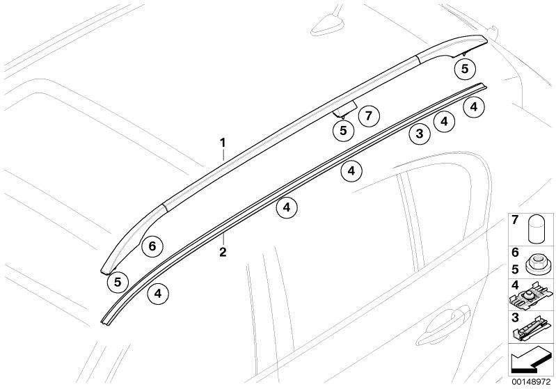 Picture board Roof moulding/Roof rail for the BMW 5 Series models  Original BMW spare parts from the electronic parts catalog (ETK) for BMW motor vehicles (car)   Clip, Covering cap, Hex nut with plate, Roof moulding prime-coated left, Roof railing, left,