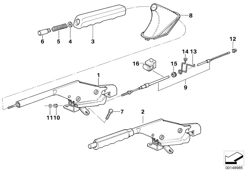 Picture board Handbrake lever for the BMW Classic parts  Original BMW spare parts from the electronic parts catalog (ETK) for BMW motor vehicles (car)   Base, Bracket f Bowden cable, CHROMIUM-PLATED PUSH-BUTTON, Clamp, Compression spring, Grommet, HAND BR