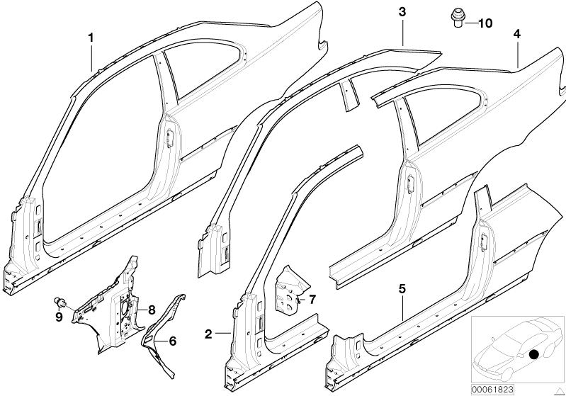 Picture board BODY-SIDE FRAME for the BMW 3 Series models  Original BMW spare parts from the electronic parts catalog (ETK) for BMW motor vehicles (car)   BODY-SIDE FRAME LEFT, Column A exterior, left, COLUMN B WITH LEFT ROCKER PANEL, CONNECT.PLATE F.LEFT