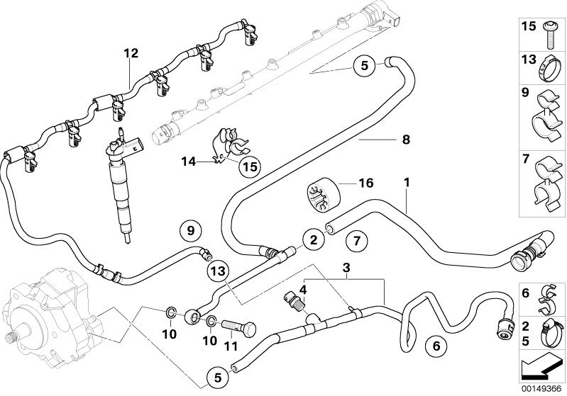 Picture board Fuel lines for the BMW 5 Series models  Original BMW spare parts from the electronic parts catalog (ETK) for BMW motor vehicles (car)   Clip, Fuel feed line, FUEL PIPE BRACKET, FUEL RETURN LINE, Gasket ring, Hex Bolt, Hollow bolt, Hose clamp