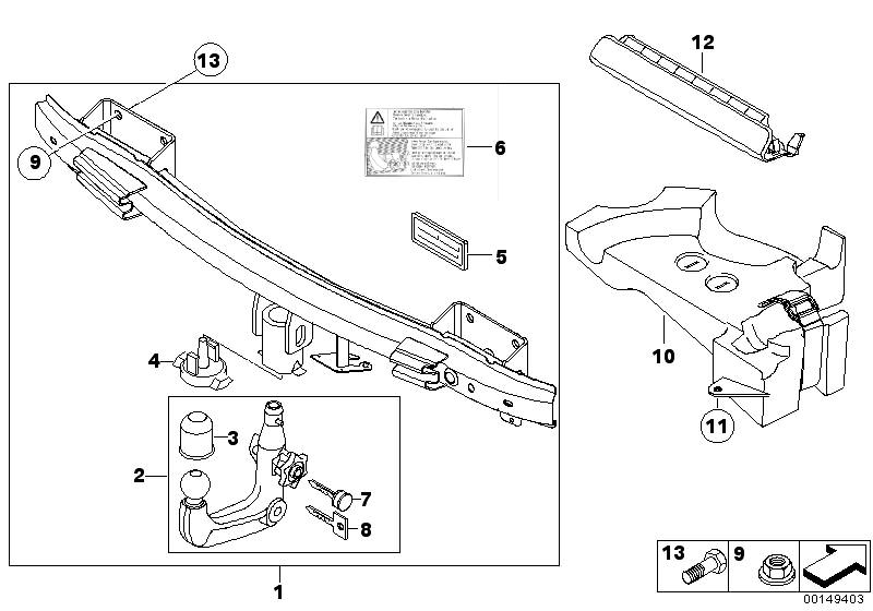 Picture board Towing hitch, detachable for the BMW 1 Series models  Original BMW spare parts from the electronic parts catalog (ETK) for BMW motor vehicles (car)   Blind plug, Cover, trailer tow hitch, bottom, Covering cap, Drawbar load ratings plate, Hex