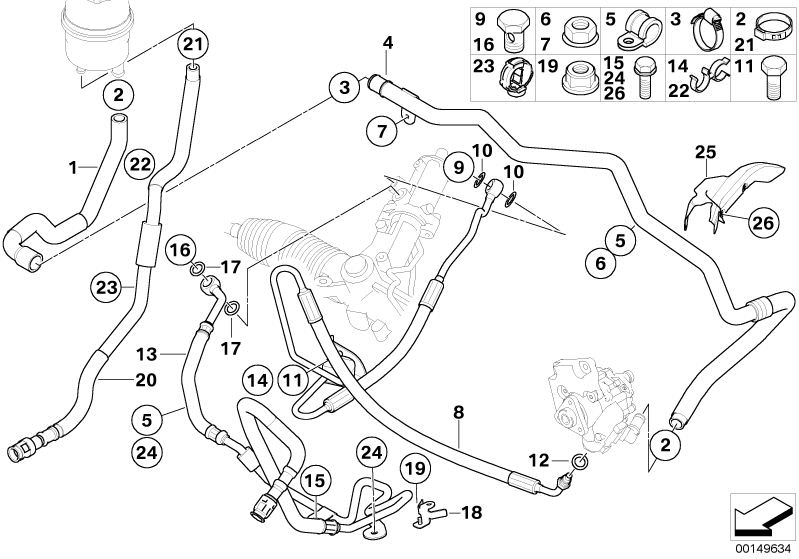 Picture board HYDRO STEERING-OIL PIPES for the BMW 5 Series models  Original BMW spare parts from the electronic parts catalog (ETK) for BMW motor vehicles (car)   Banjo bolt with check valve, Clamp, Expansion hose, Gasket ring, Heat resistant plate, Hex 