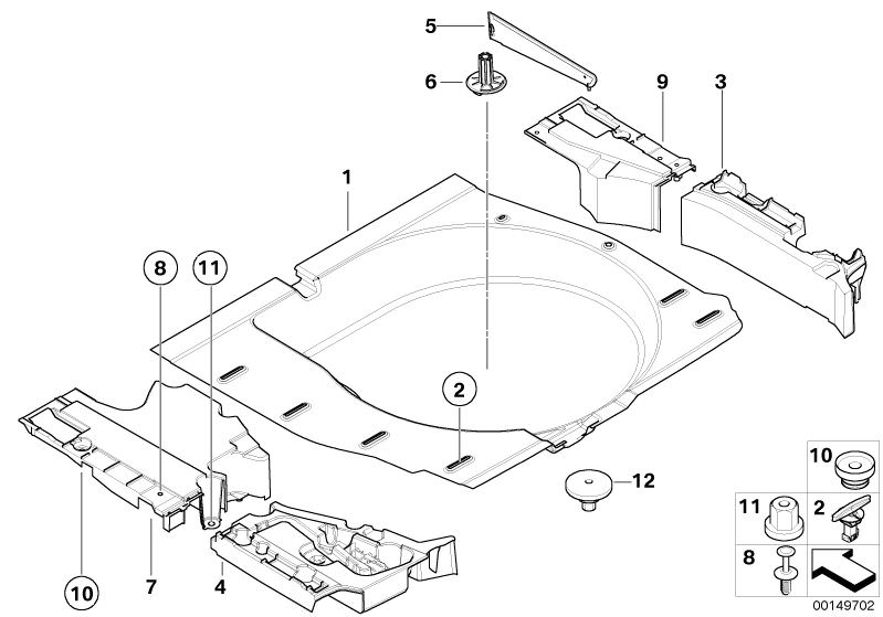 Bildtafel Verkleidung Gepäckraumboden für die BMW 5er Modelle  Original BMW Ersatzteile aus dem elektronischen Teilekatalog (ETK) für BMW Kraftfahrzeuge( Auto)    Auflage, Aufnahme Trennplatte Gepäckraummulde, Befestigungsstopfen, Drehverschluss, Gummipuf