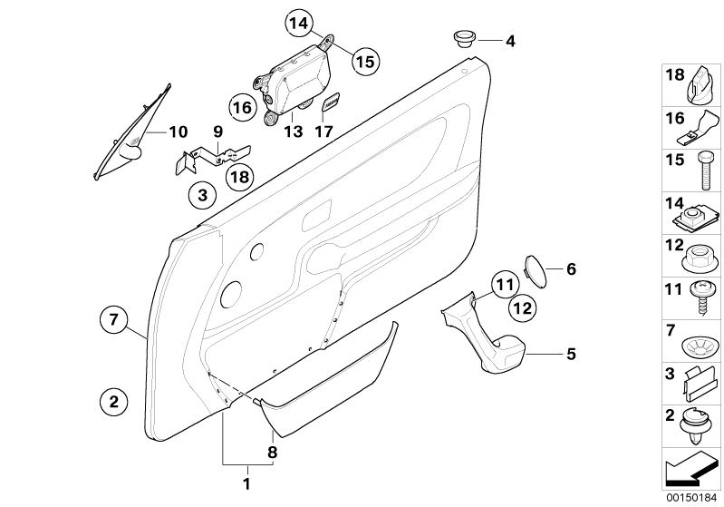 Illustration du Revetement de porte, avant pour les BMW Classic parts  Pièces de rechange d'origine BMW du catalogue de pièces électroniques (ETK) pour véhicules automobiles BMW (voiture)   Bush, C-clip nut, Circlip, Clamp, Cover, Cover airbag left, Door 