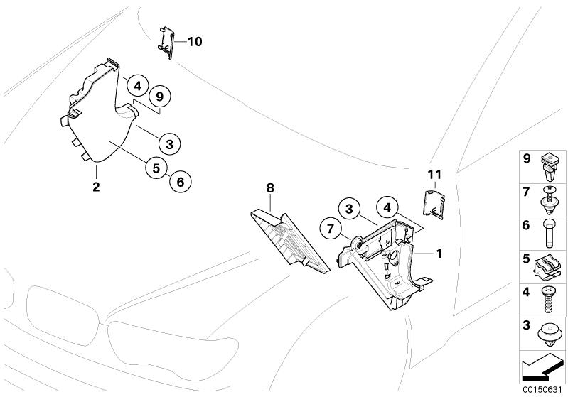 Picture board TRIM PANEL LEG ROOM for the BMW 7 Series models  Original BMW spare parts from the electronic parts catalog (ETK) for BMW motor vehicles (car)   Clip, black, Driver´s footrest, Expanding rivet, Lateral trim panel front left, Lateral trim pan