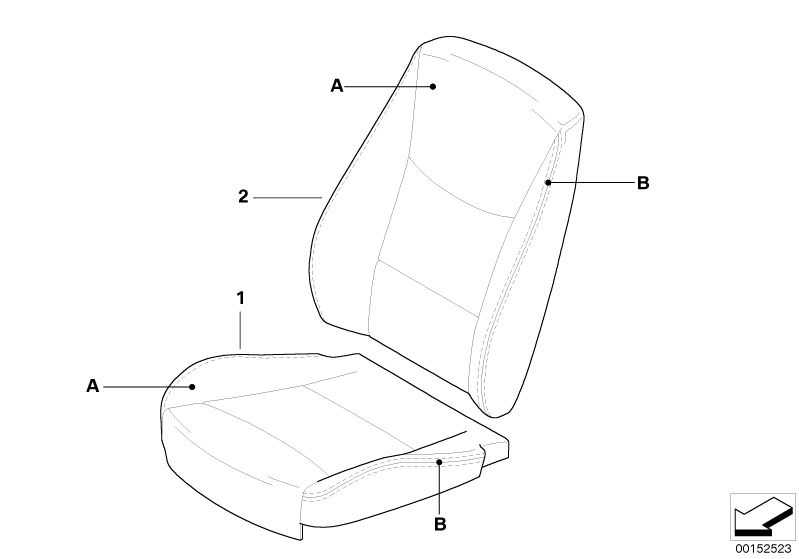 Picture board Indiv.cover, basic seat, front for the BMW 3 Series models  Original BMW spare parts from the electronic parts catalog (ETK) for BMW motor vehicles (car)   Backrest cover,basic seat, leather,right, Seat cover, basic seat, leather