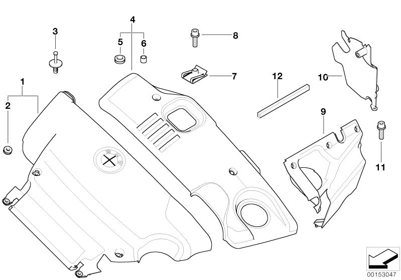 Bildtafel Motorakustik für die BMW 3er Modelle  Original BMW Ersatzteile aus dem elektronischen Teilekatalog (ETK) für BMW Kraftfahrzeuge( Auto)    Abdeckung Akustik hinten, Abdeckung Akustik links, Abdeckung Akustik vorne, Ansaughaube, Buchse, Clipmutter