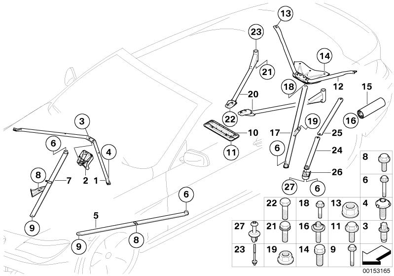 Picture board Reinforcement, body for the BMW 6 Series models  Original BMW spare parts from the electronic parts catalog (ETK) for BMW motor vehicles (car)   CONNECTING SUPPORT, Cover, Expanding rivet, Front transverse element, Hex Bolt, Hex Bolt with wa