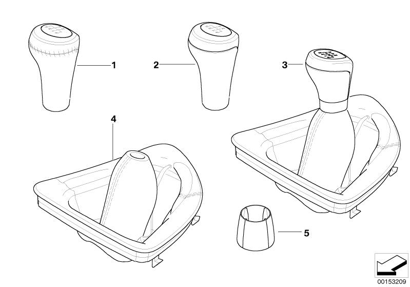 Picture board GEAR SHIFT KNOBS/SHIFT LEVER COVERINGS for the BMW 1 Series models  Original BMW spare parts from the electronic parts catalog (ETK) for BMW motor vehicles (car)   Anti-scuffing, Gear lever cover, Gear shift knob plastic/6-speed, Leather shi