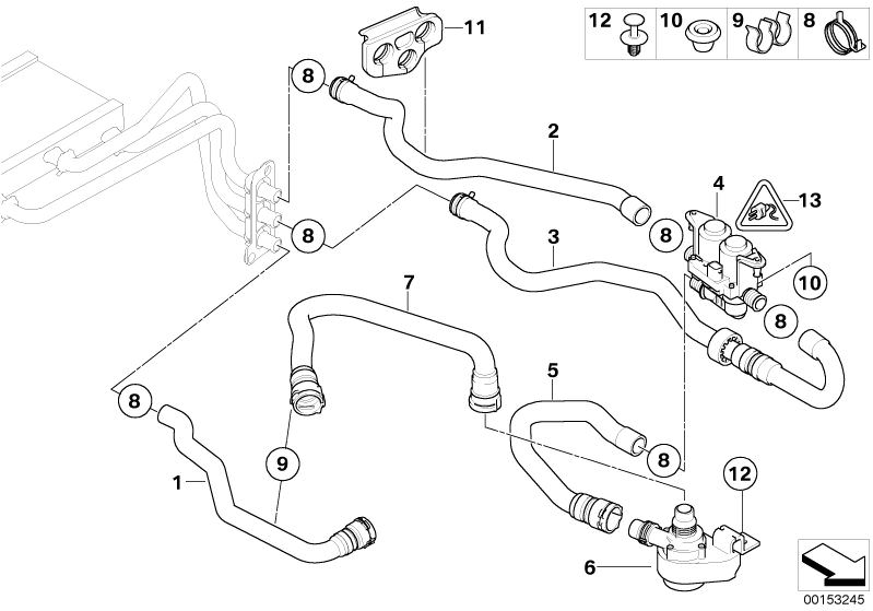 Bildtafel Wasserschläuche-Pumpe-Ventil IHKA High für die BMW 5er Modelle  Original BMW Ersatzteile aus dem elektronischen Teilekatalog (ETK) für BMW Kraftfahrzeuge( Auto)    Befestigungsstopfen, Rep.-Satz Buchsengehäuse, Schlauch Heizkörper-Motorrücklauf,