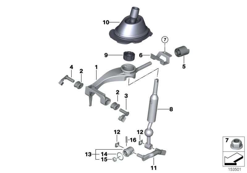 Picture board Gearshift, mechanical transmission for the BMW 1 Series models  Original BMW spare parts from the electronic parts catalog (ETK) for BMW motor vehicles (car)   Bearing bolt, Bearing, shift lever, Bearing, shifting arm, Bracket f shifting arm