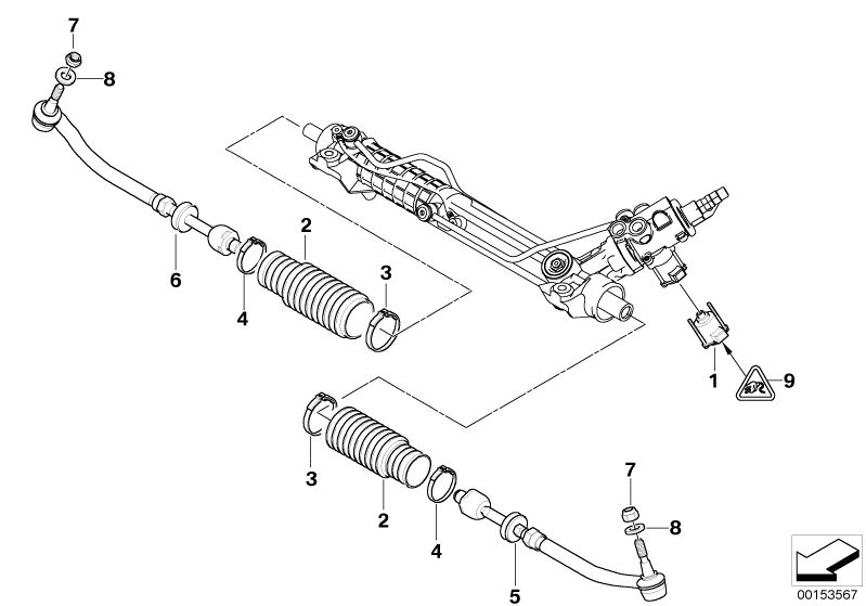 Picture board STEERING LINKAGE/TIE RODS for the BMW 5 Series models  Original BMW spare parts from the electronic parts catalog (ETK) for BMW motor vehicles (car)   LEFT TIE ROD, Plug housing, RIGHT TIE ROD, Rubber boot, Self-locking hex nut, Tension stra