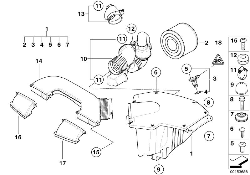 Bildtafel Ansauggeräuschdämpfer/Filtereinsatz/HFM für die BMW 1er Modelle  Original BMW Ersatzteile aus dem elektronischen Teilekatalog (ETK) für BMW Kraftfahrzeuge( Auto)    Ansauggeräuschdämpfer, Ansaughaube, Ansaugkanal links, Ansaugkanal rechts, Ansch