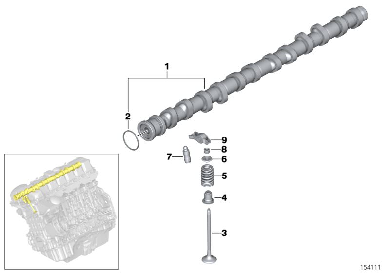 Picture board Valve timing gear, camshaft, inlet for the BMW 5 Series models  Original BMW spare parts from the electronic parts catalog (ETK) for BMW motor vehicles (car)   Compensating element, Inlet camshaft, Intake valve, Rectangring, Repair kit valve