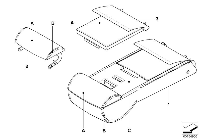 Bildtafel Individual Armlehne hinten Sportsitz für die BMW 5er Modelle  Original BMW Ersatzteile aus dem elektronischen Teilekatalog (ETK) für BMW Kraftfahrzeuge( Auto)    Armlehne Basis mit Fach Leder, Deckel Armlehne Leder, Deckel Getränkehalter Leder