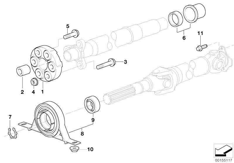 Picture board Drive shaft, single components, 4-wheel for the BMW X Series models  Original BMW spare parts from the electronic parts catalog (ETK) for BMW motor vehicles (car)   Centering sleeve, Centre Mount, aluminium, Flange nut with washer, Grooved b