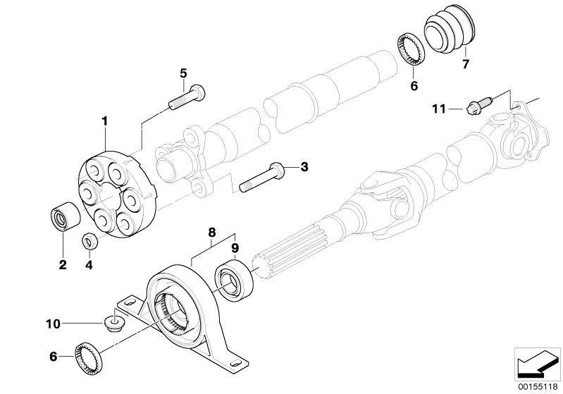 Picture board Drive shaft, single components, 4-wheel for the BMW X Series models  Original BMW spare parts from the electronic parts catalog (ETK) for BMW motor vehicles (car)   Centering sleeve, Centre Mount, aluminium, DAMPER RING, Flange nut with wash