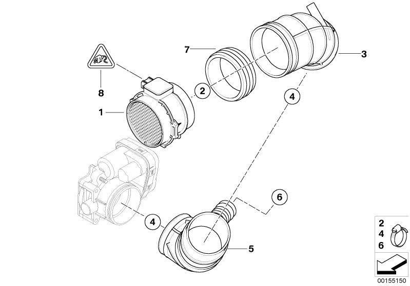 Bildtafel Heissfilmluftmassenmesser für die BMW Z Modelle  Original BMW Ersatzteile aus dem elektronischen Teilekatalog (ETK) für BMW Kraftfahrzeuge( Auto)    Buchsengehäuse 6-polig, Dichtring, Faltenbalg, Heissfilmluftmassenmesser, Schlauchschelle