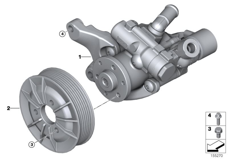 Picture board Power Steering Pump/Active steering for the BMW 3 Series models  Original BMW spare parts from the electronic parts catalog (ETK) for BMW motor vehicles (car)   ASA-Bolt, Hex Bolt with washer, Power steering pump, Pulley