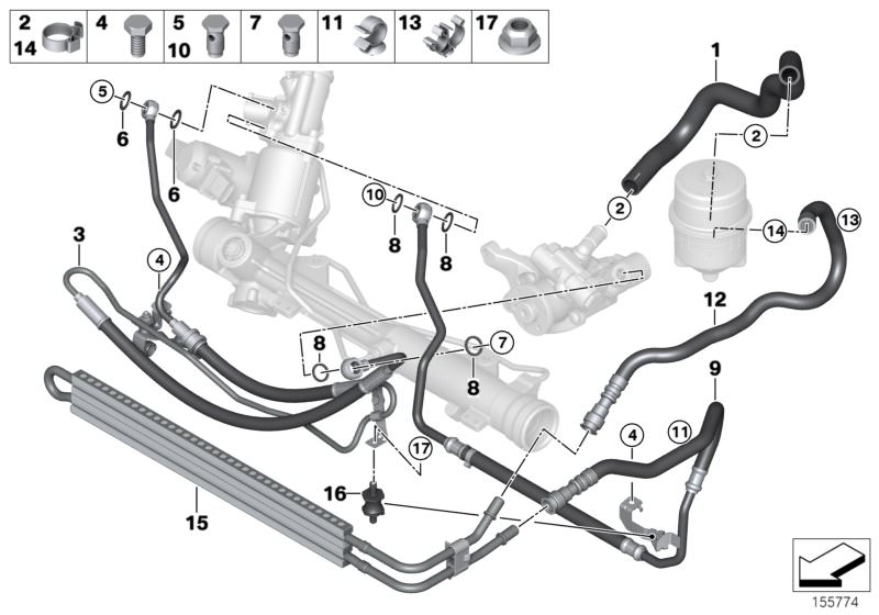 Picture board Power steering/oil pipe/Active steering for the BMW 3 Series models  Original BMW spare parts from the electronic parts catalog (ETK) for BMW motor vehicles (car)   Banjo bolt with check valve, Expansion hose, active steering, Gasket ring, H