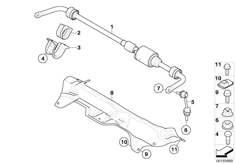 Illustration du Barre antiroulis arrière / Dynamic Drive pour les BMW X Série Modèles  Pièces de rechange d'origine BMW du catalogue de pièces électroniques (ETK) pour véhicules automobiles BMW (voiture)   Active stabilizer bar, C-clip nut, Heat resistant