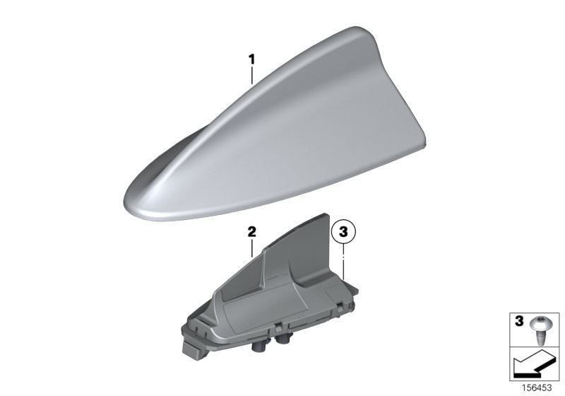 Picture board Single parts, antenna for the BMW 1 Series models  Original BMW spare parts from the electronic parts catalog (ETK) for BMW motor vehicles (car)   Empty housing for roof antenna, primed, Roof antenna, Screw, self tapping