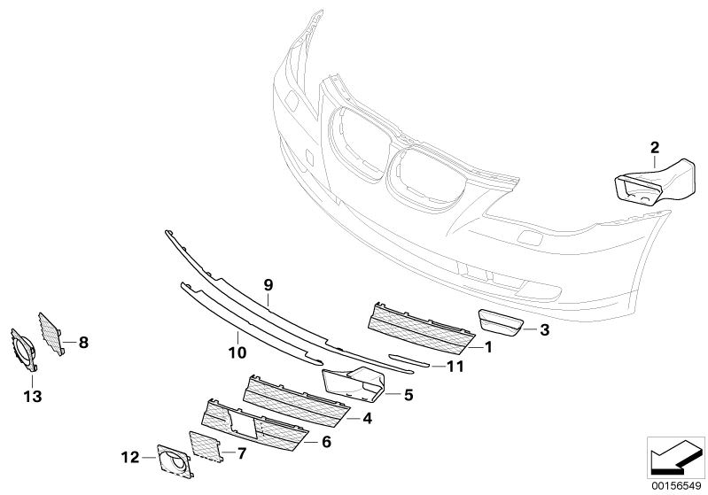 Picture board Trim panel, trim elements, front for the BMW 5 Series models  Original BMW spare parts from the electronic parts catalog (ETK) for BMW motor vehicles (car)   Air duct, BKS, right, Cover, air duct, brake right, Dummy plug left, Dummy plug rig
