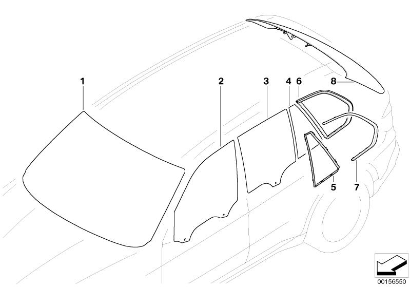 Picture board Glazing for the BMW X Series models  Original BMW spare parts from the electronic parts catalog (ETK) for BMW motor vehicles (car)   Finisher, side window, rear right, Fixed door window, black, right, frame for fixed side window, right, Gree