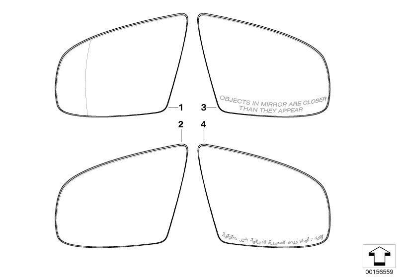 Picture board MIRROR GLASS for the BMW X Series models  Original BMW spare parts from the electronic parts catalog (ETK) for BMW motor vehicles (car)   Mirror glas, convex, right, Mirror glas, wide-angle, left, Mirror glass, plane, left