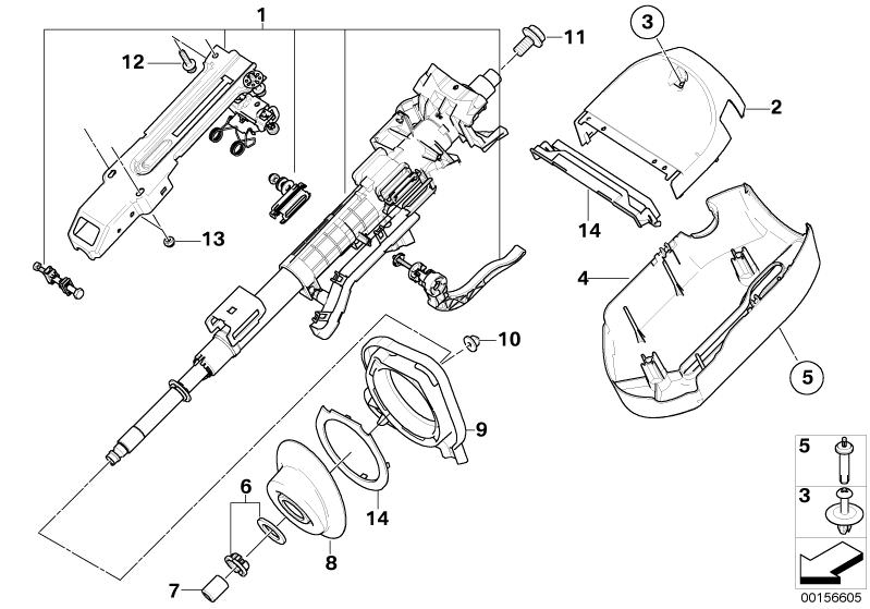 Picture board Manually adjust. steering column for the BMW X Series models  Original BMW spare parts from the electronic parts catalog (ETK) for BMW motor vehicles (car)   Bush, Clamp, crash screen, Cup, Expanding rivet, Frame, Gasket ring, Hex Bolt, Hex 