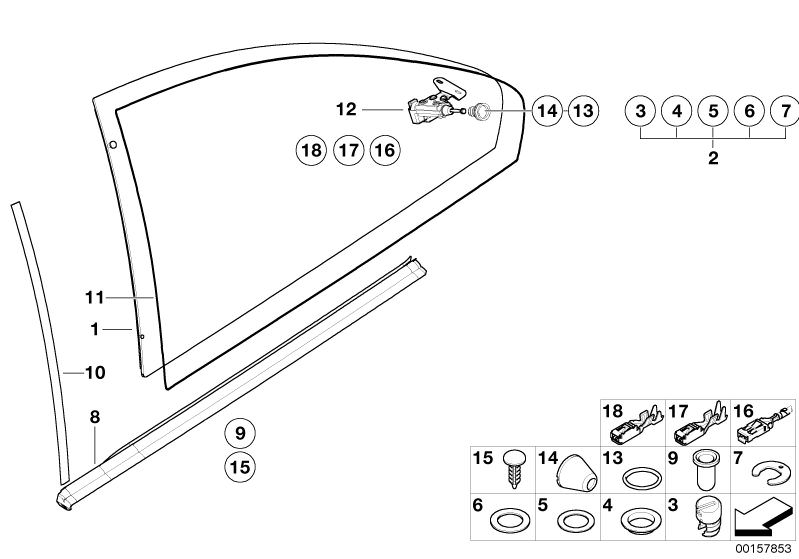 Picture board DOOR WINDOW LIFTING MECHANISM REAR for the BMW 3 Series models  Original BMW spare parts from the electronic parts catalog (ETK) for BMW motor vehicles (car)   Cover column B left, Drive, vent window left, Gasket, railing left, Gasket, vent 