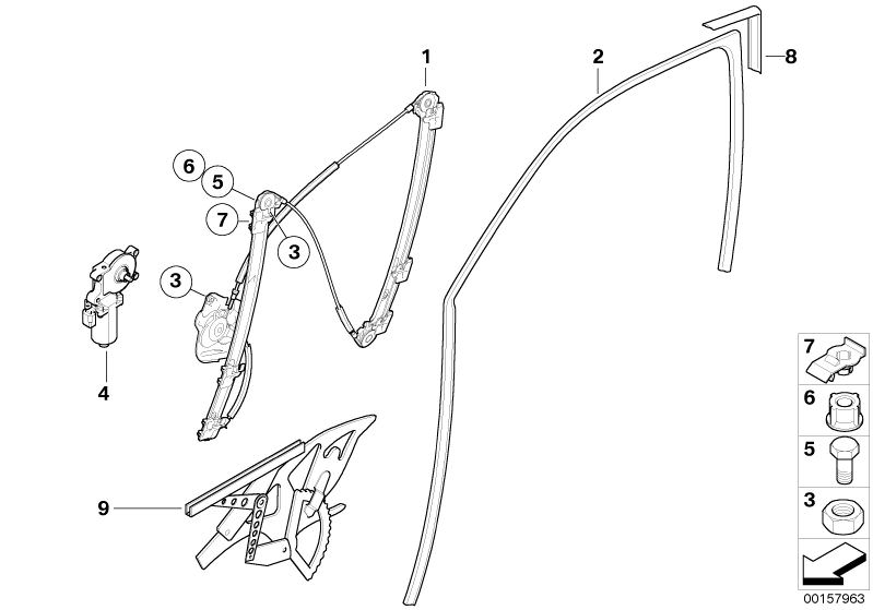 Picture board DOOR WINDOW LIFTING MECHANISM FRONT for the BMW X Series models  Original BMW spare parts from the electronic parts catalog (ETK) for BMW motor vehicles (car)   Bush, Clip, Drive for window lifter, front right, FRONT RIGHT WINDOW GUIDE, Hex 