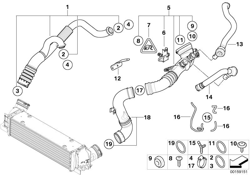 Bildtafel Ladeluftführung für die BMW 3er Modelle  Original BMW Ersatzteile aus dem elektronischen Teilekatalog (ETK) für BMW Kraftfahrzeuge( Auto)    Buchse mit Schraube, Drucksensor, Formdichtring, Formdichtung, Halter Ladeluftführung, Ladeluftführung, 