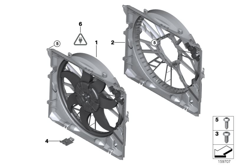 Picture board Fan housing, mounting parts for the BMW 1 Series models  Original BMW spare parts from the electronic parts catalog (ETK) for BMW motor vehicles (car)   BRACKET FRAME, Fan housing with fan, Fan shroud, Hex Bolt, Screw, self tapping, Socket h