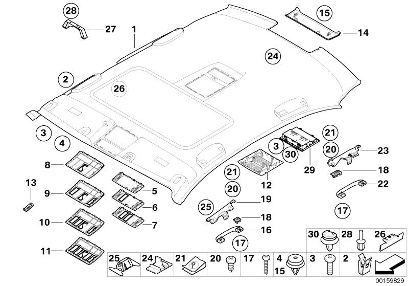 Bildtafel Dachhimmel / Haltegriff für die BMW 5er Modelle  Original BMW Ersatzteile aus dem elektronischen Teilekatalog (ETK) für BMW Kraftfahrzeuge( Auto)    Abdeckkappe Haltegriff, Abdeckung Bremsleuchte, Aufnahme Himmelbespannung, Blechschraube, Blechs