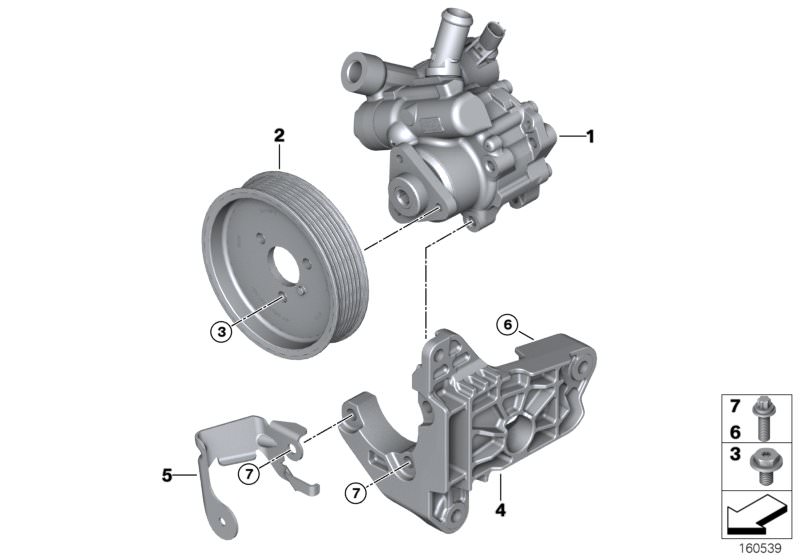 Picture board Power Steering Pump/Active steering for the BMW 3 Series models  Original BMW spare parts from the electronic parts catalog (ETK) for BMW motor vehicles (car)   ASA-Bolt, Bracket, power steering pump, Hexagon screw/washer assembly, Power ste