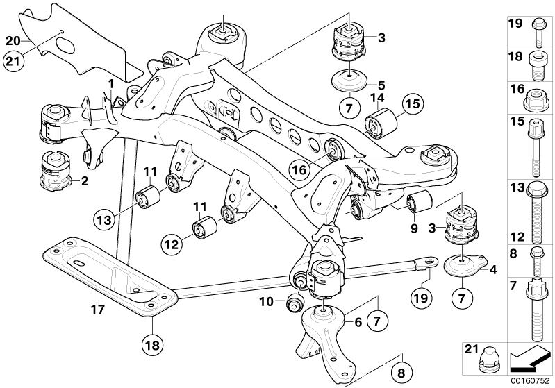 Picture board REAR AXLE CARRIER for the BMW 1 Series models  Original BMW spare parts from the electronic parts catalog (ETK) for BMW motor vehicles (car)   Combination nut, Hex Bolt, Hex Bolt with washer, Hexagon screw with flange, PUSH ROD LEFT, REAR AX