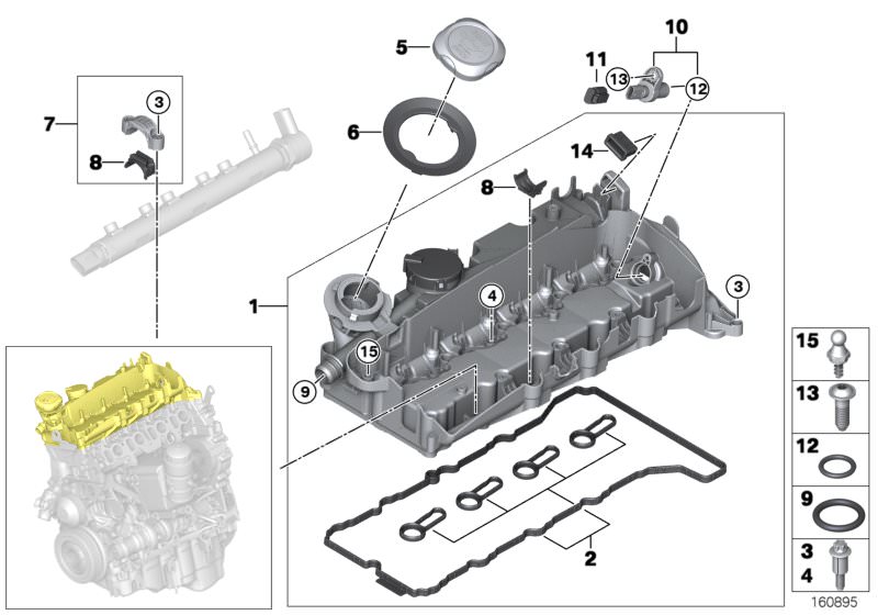 Picture board Cylinder head cover for the BMW 3 Series models  Original BMW spare parts from the electronic parts catalog (ETK) for BMW motor vehicles (car)   ASA-Bolt, BALL HEAD BOLT, Camshaft sensor, Cylinder head cover, Decoupling element, Gasket, Gask